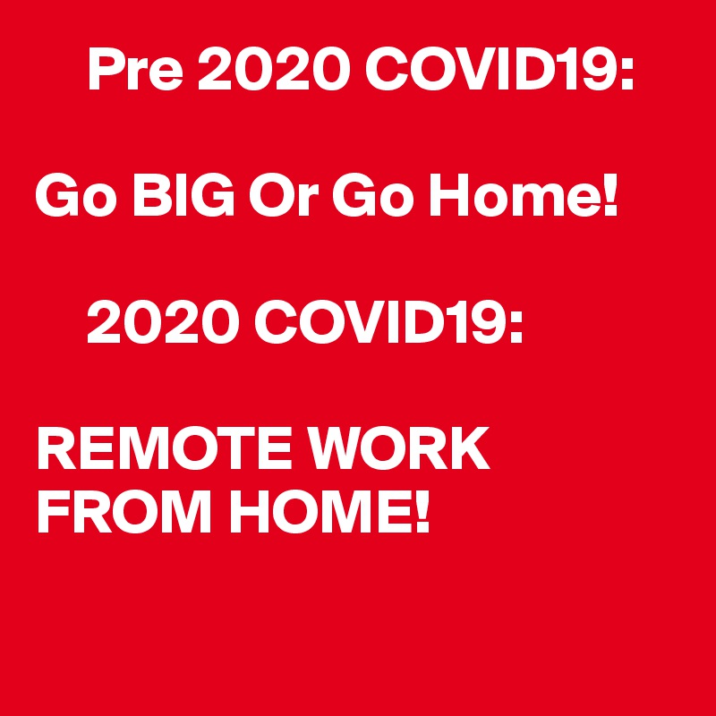     Pre 2020 COVID19: 

Go BIG Or Go Home!

    2020 COVID19:

REMOTE WORK FROM HOME!

