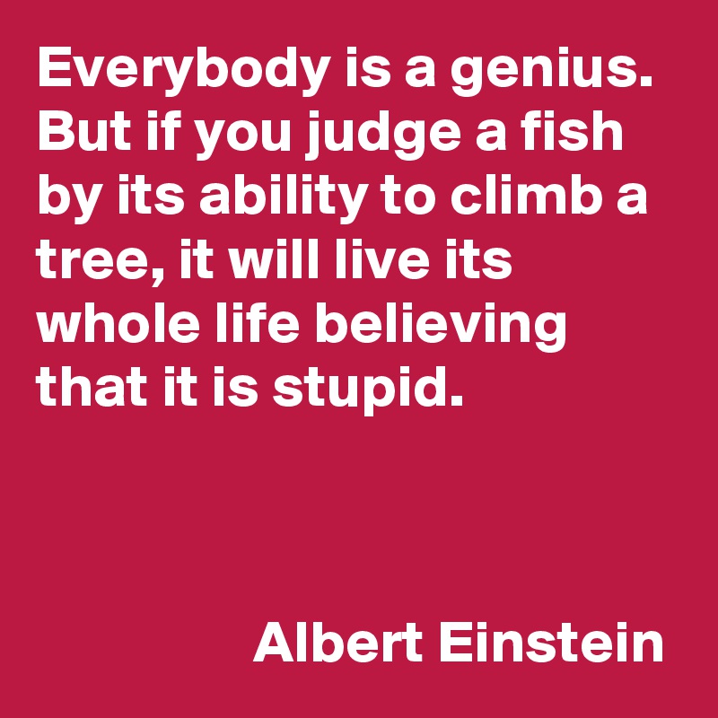 Everybody is a genius. 
But if you judge a fish by its ability to climb a tree, it will live its whole life believing that it is stupid. 



                  Albert Einstein