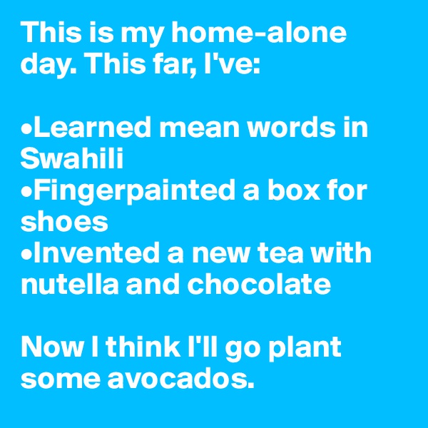 This is my home-alone day. This far, I've:

•Learned mean words in Swahili
•Fingerpainted a box for shoes
•Invented a new tea with nutella and chocolate

Now I think I'll go plant some avocados.