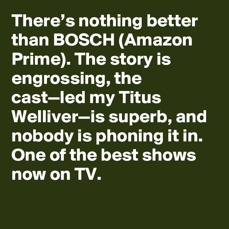 There’s nothing better than BOSCH (Amazon Prime). The story is engrossing, the cast—led my Titus Welliver—is superb, and nobody is phoning it in. One of the best shows now on TV.