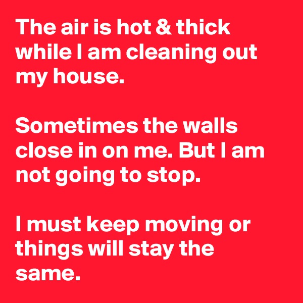 The air is hot & thick while I am cleaning out my house.

Sometimes the walls close in on me. But I am not going to stop.

I must keep moving or things will stay the same.