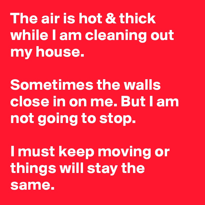 The air is hot & thick while I am cleaning out my house.

Sometimes the walls close in on me. But I am not going to stop.

I must keep moving or things will stay the same.