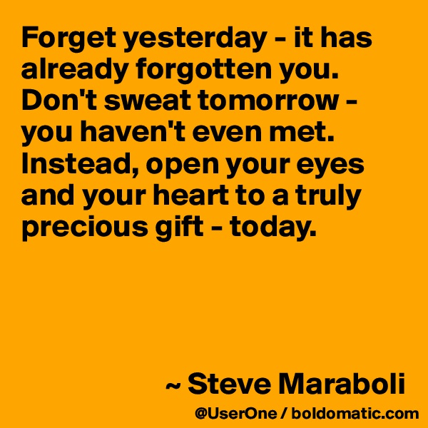 Forget yesterday - it has already forgotten you. Don't sweat tomorrow - you haven't even met. Instead, open your eyes and your heart to a truly precious gift - today.




                       ~ Steve Maraboli