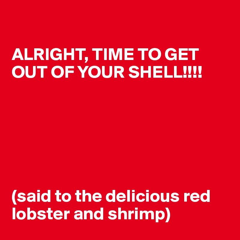 

ALRIGHT, TIME TO GET OUT OF YOUR SHELL!!!!






(said to the delicious red lobster and shrimp)