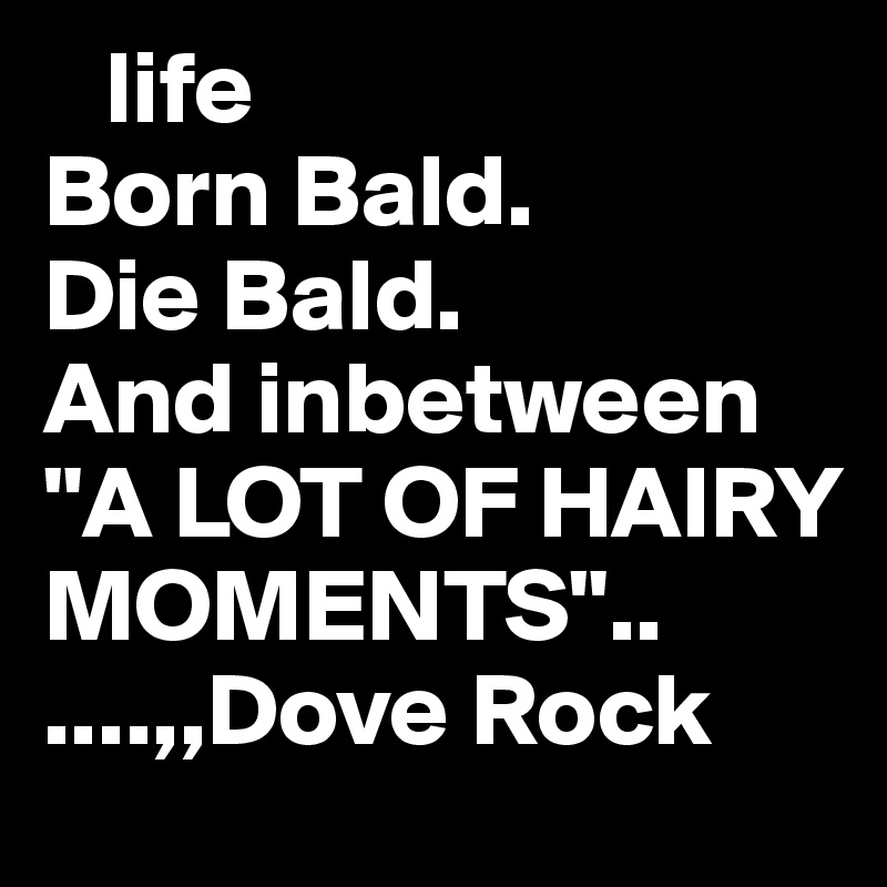    life
Born Bald.
Die Bald.
And inbetween
"A LOT OF HAIRY MOMENTS"..
....,,Dove Rock