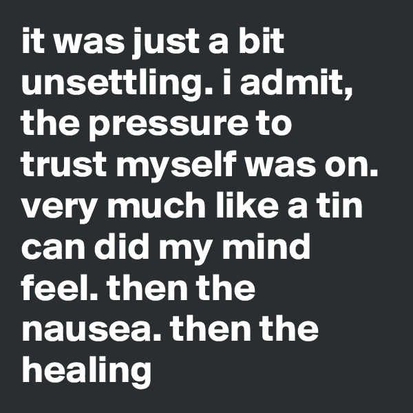 it was just a bit unsettling. i admit, the pressure to trust myself was on. very much like a tin can did my mind feel. then the nausea. then the healing   