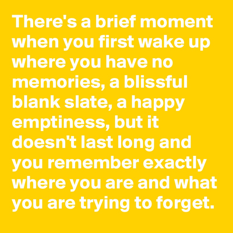 There's a brief moment when you first wake up where you have no memories, a blissful blank slate, a happy emptiness, but it doesn't last long and you remember exactly where you are and what you are trying to forget.