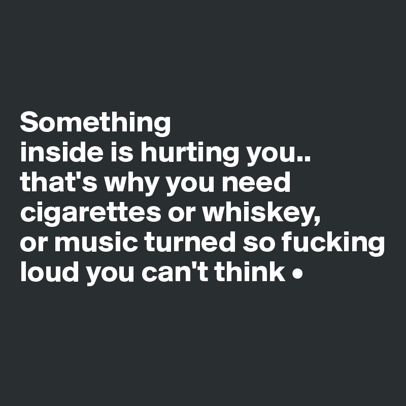


Something
inside is hurting you..
that's why you need cigarettes or whiskey,
or music turned so fucking loud you can't think •


