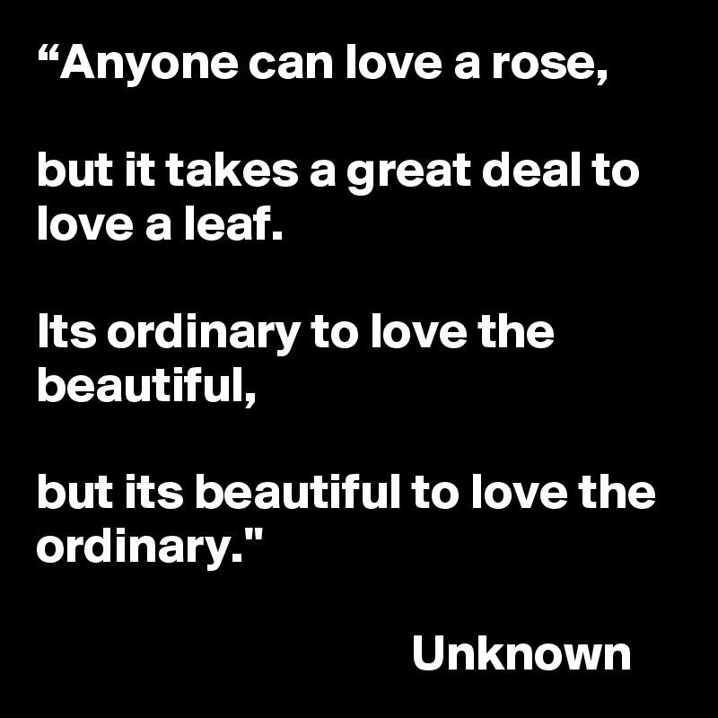 “Anyone can love a rose,

but it takes a great deal to love a leaf.

Its ordinary to love the beautiful,

but its beautiful to love the ordinary."

                                     Unknown