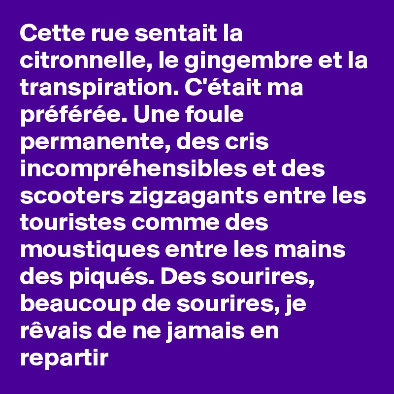 Cette rue sentait la citronnelle, le gingembre et la transpiration. C'était ma préférée. Une foule permanente, des cris incompréhensibles et des scooters zigzagants entre les touristes comme des moustiques entre les mains des piqués. Des sourires, beaucoup de sourires, je rêvais de ne jamais en repartir