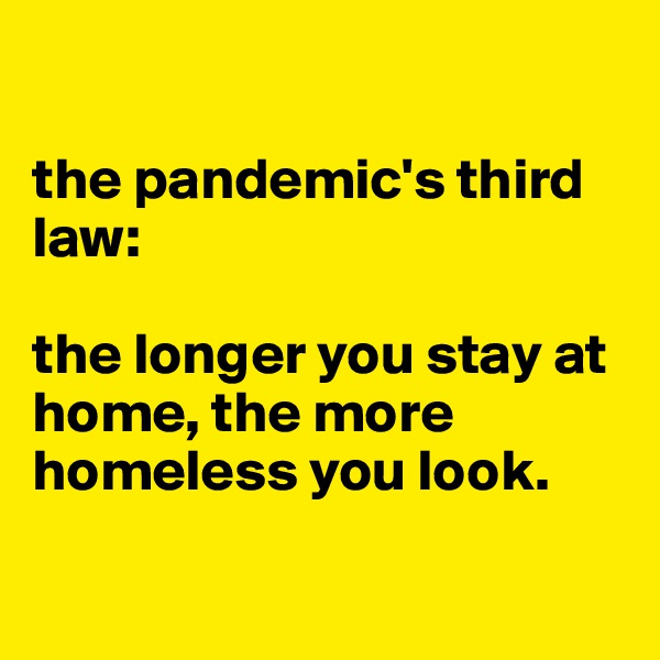 

the pandemic's third law: 

the longer you stay at home, the more homeless you look.

