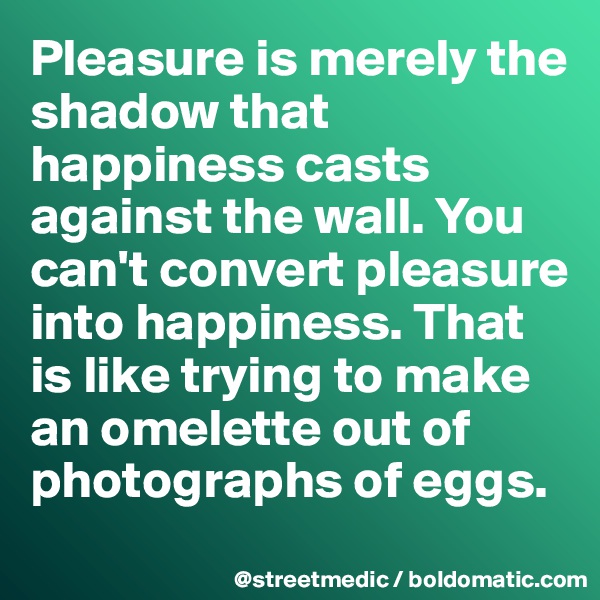 Pleasure is merely the shadow that happiness casts against the wall. You can't convert pleasure into happiness. That is like trying to make an omelette out of photographs of eggs.
