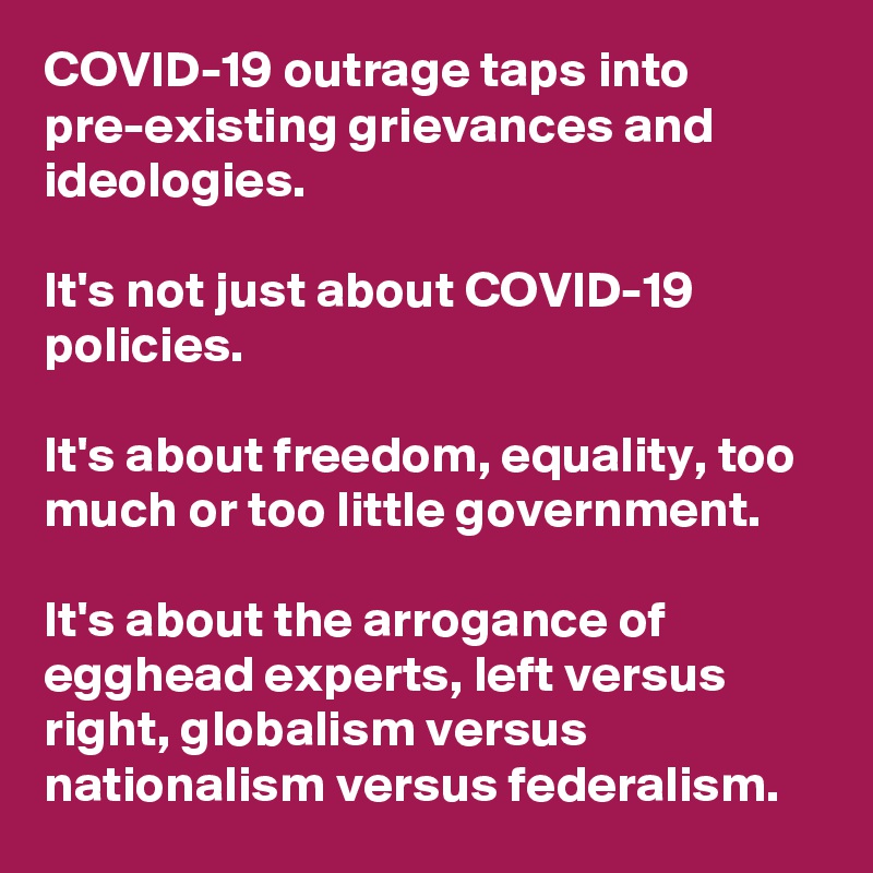COVID-19 outrage taps into pre-existing grievances and ideologies. 

It's not just about COVID-19 policies. 

It's about freedom, equality, too much or too little government.

It's about the arrogance of egghead experts, left versus right, globalism versus nationalism versus federalism. 