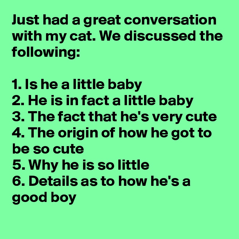 Just had a great conversation with my cat. We discussed the following:

1. Is he a little baby
2. He is in fact a little baby
3. The fact that he's very cute
4. The origin of how he got to be so cute
5. Why he is so little
6. Details as to how he's a good boy