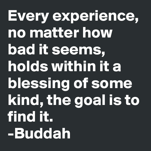 Every experience, no matter how bad it seems, holds within it a blessing of some kind, the goal is to find it. 
-Buddah