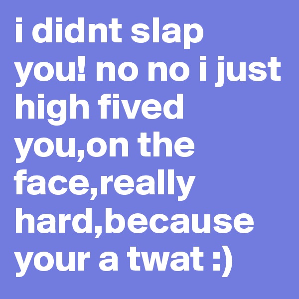 i didnt slap you! no no i just high fived you,on the face,really hard,because your a twat :)