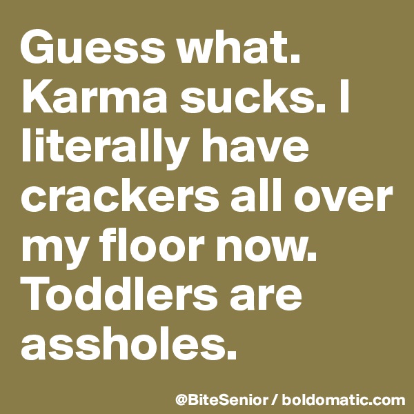 Guess what. Karma sucks. I literally have crackers all over my floor now. 
Toddlers are assholes. 
