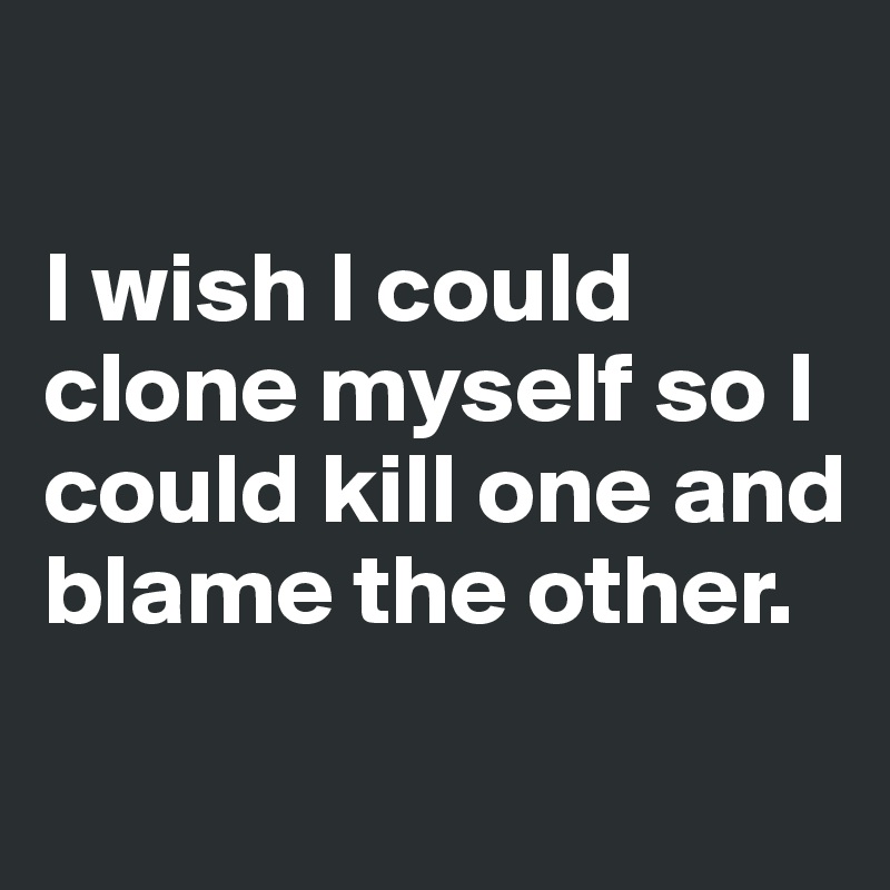 

I wish I could clone myself so I could kill one and blame the other.
