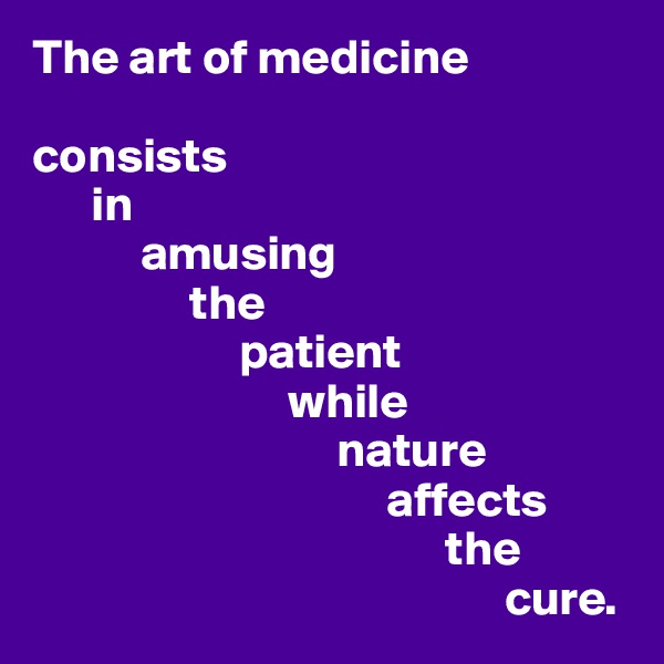 The art of medicine

consists 
      in 
           amusing 
                the 
                     patient 
                          while 
                               nature 
                                    affects 
                                          the 
                                                cure.