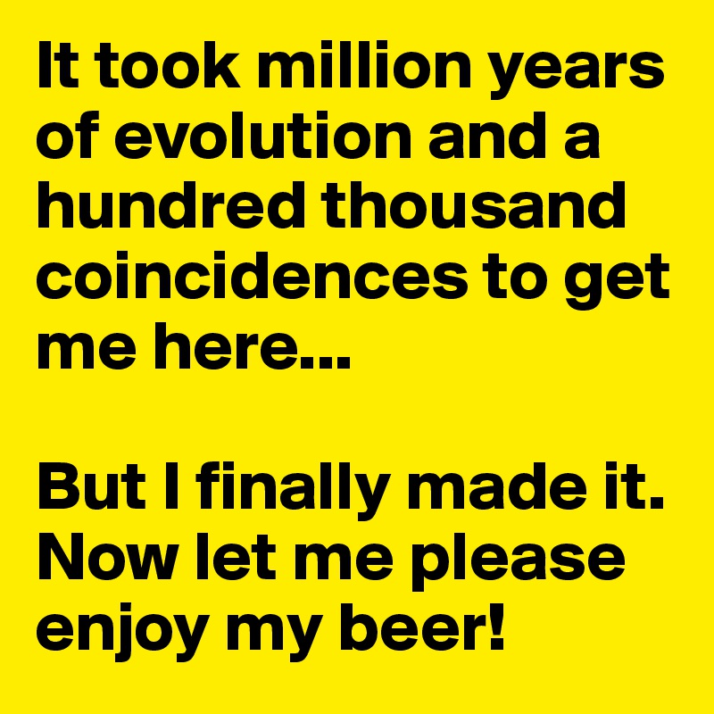 It took million years of evolution and a hundred thousand coincidences to get me here...

But I finally made it. Now let me please enjoy my beer!