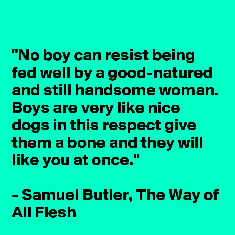 

"No boy can resist being fed well by a good-natured and still handsome woman. Boys are very like nice dogs in this respect give them a bone and they will like you at once."

- Samuel Butler, The Way of All Flesh