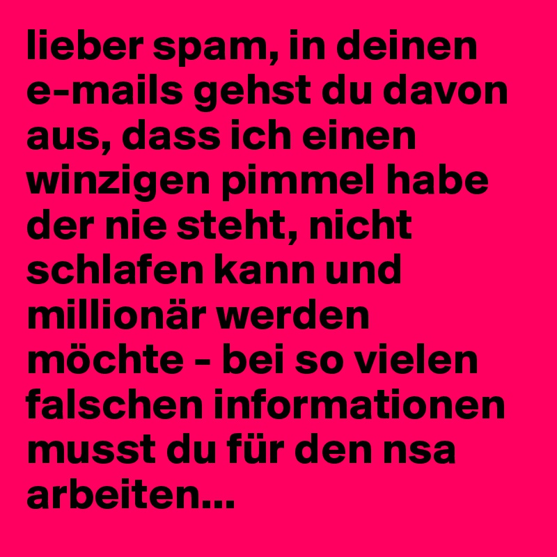 lieber spam, in deinen e-mails gehst du davon aus, dass ich einen winzigen pimmel habe der nie steht, nicht schlafen kann und millionär werden möchte - bei so vielen falschen informationen musst du für den nsa arbeiten...