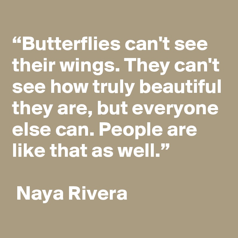 
“Butterflies can't see their wings. They can't see how truly beautiful they are, but everyone else can. People are like that as well.”

 Naya Rivera