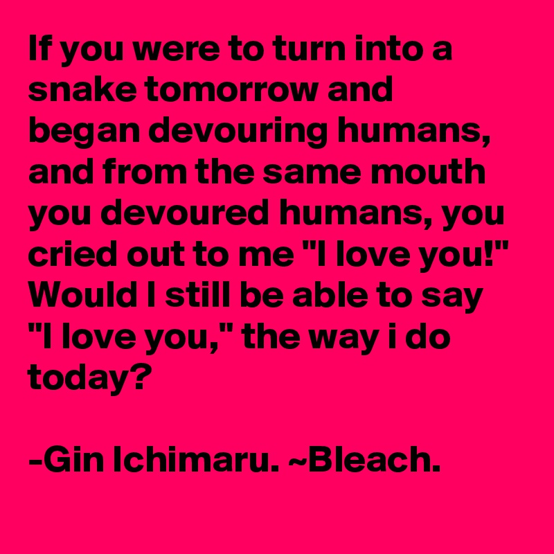 If you were to turn into a snake tomorrow and began devouring humans, and from the same mouth you devoured humans, you cried out to me "I love you!" 
Would I still be able to say "I love you," the way i do today?

-Gin Ichimaru. ~Bleach. 