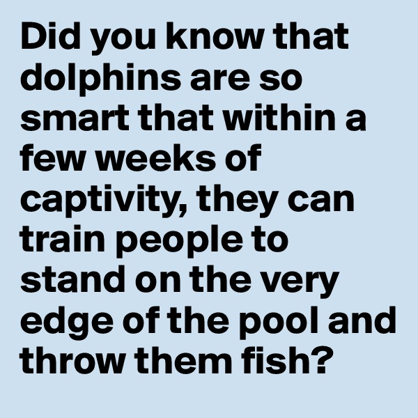 Did you know that dolphins are so smart that within a few weeks of captivity, they can train people to stand on the very edge of the pool and throw them fish?