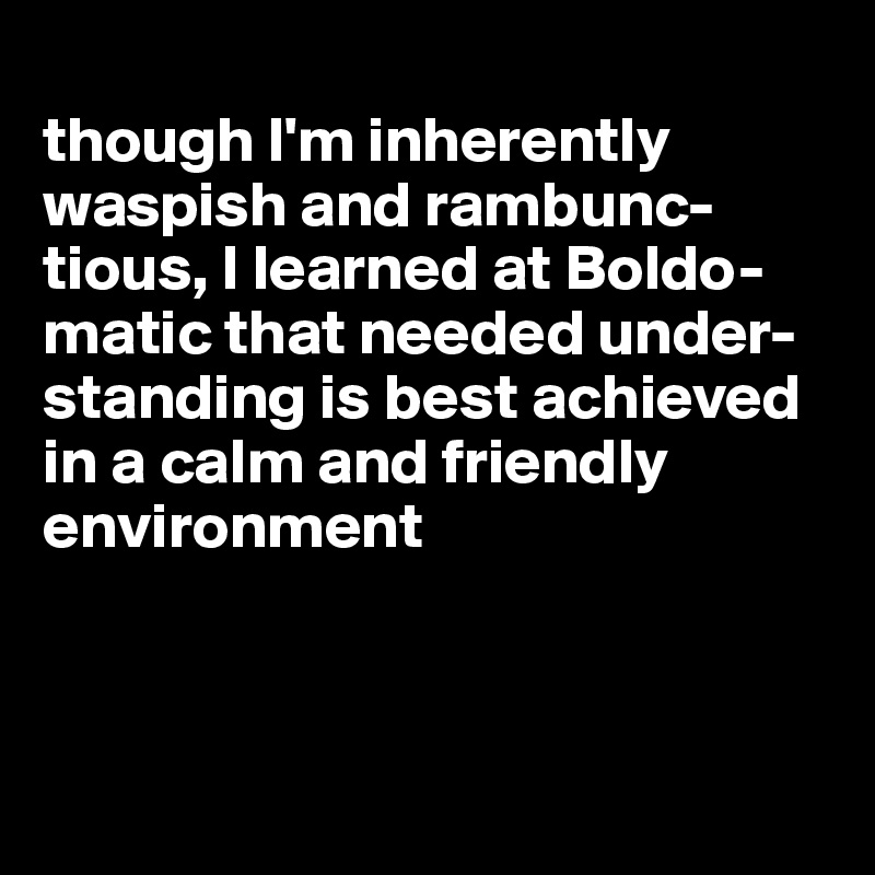 
though I'm inherently waspish and rambunc-tious, I learned at Boldo-matic that needed under-standing is best achieved in a calm and friendly environment




