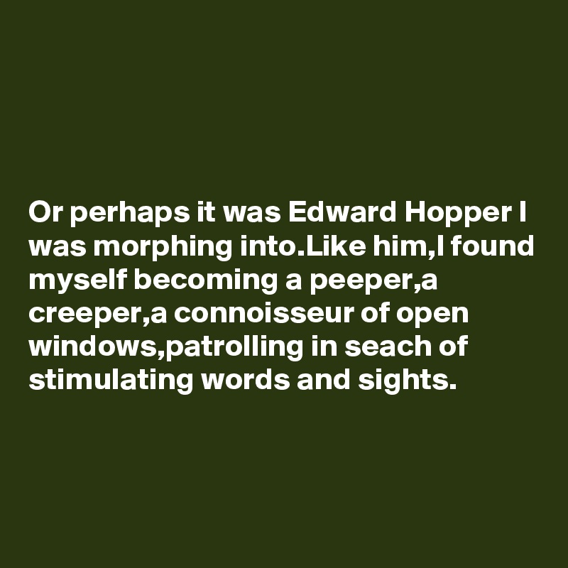 




Or perhaps it was Edward Hopper I was morphing into.Like him,I found myself becoming a peeper,a creeper,a connoisseur of open windows,patrolling in seach of stimulating words and sights.


