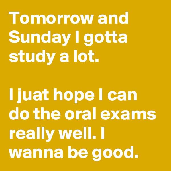 Tomorrow and Sunday I gotta study a lot.

I juat hope I can do the oral exams really well. I wanna be good.