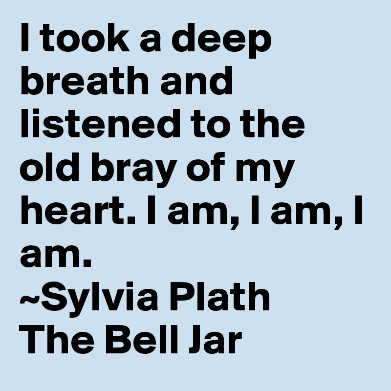 I took a deep breath and listened to the old bray of my heart. I am, I am, I am.
~Sylvia Plath
The Bell Jar 