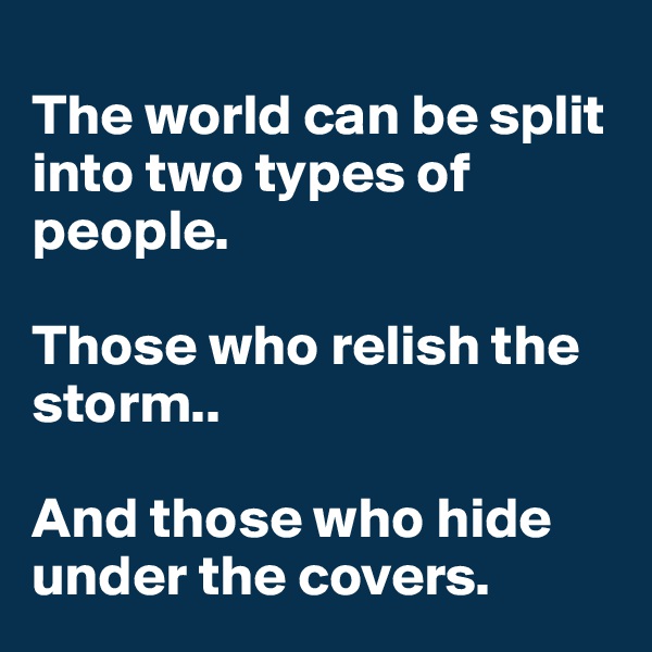 
The world can be split into two types of people.

Those who relish the storm..

And those who hide under the covers. 