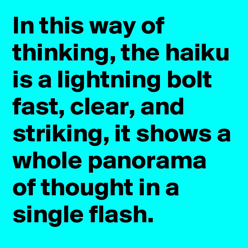 In this way of thinking, the haiku is a lightning bolt fast, clear, and striking, it shows a whole panorama of thought in a single flash.