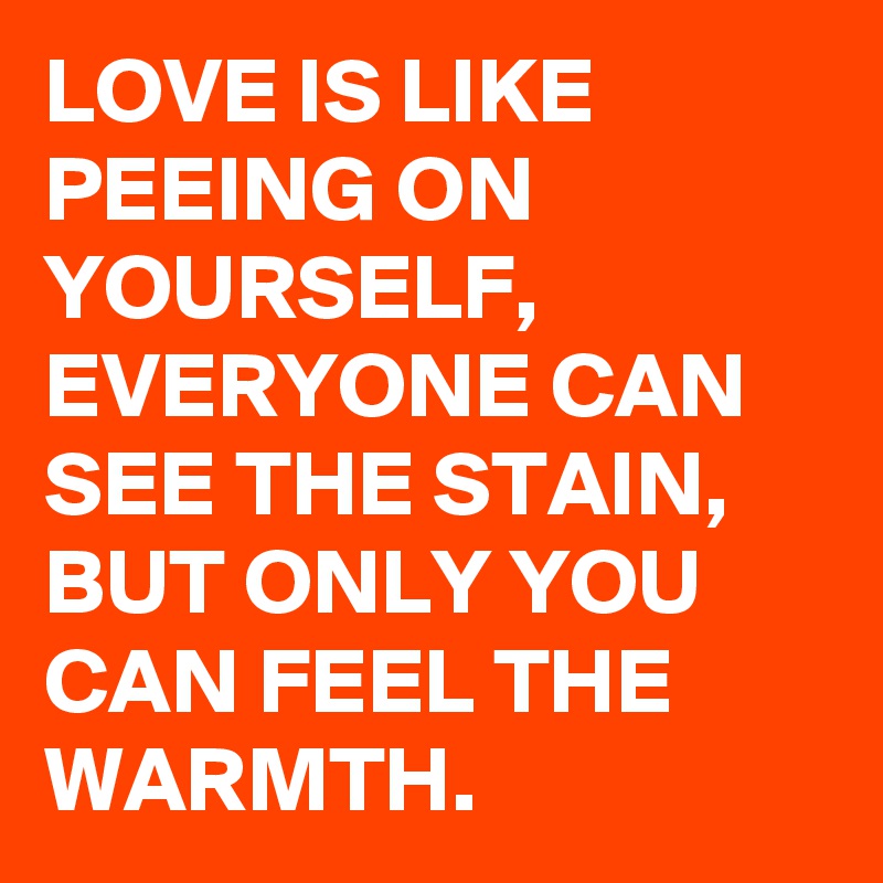 LOVE IS LIKE PEEING ON YOURSELF, EVERYONE CAN SEE THE STAIN, BUT ONLY YOU CAN FEEL THE WARMTH. 