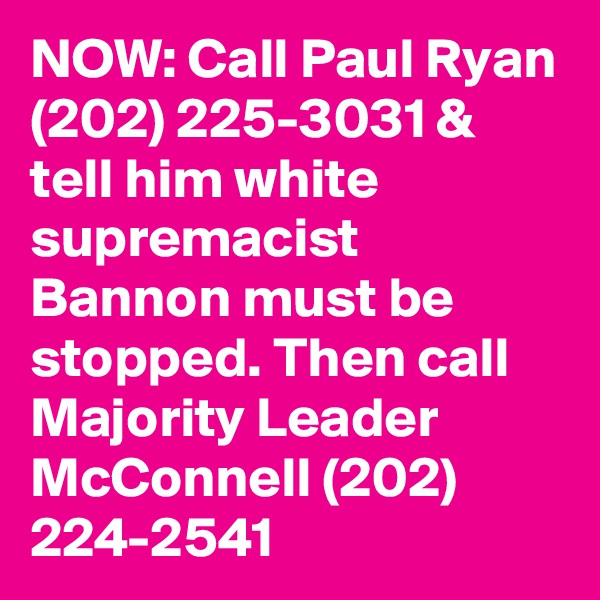NOW: Call Paul Ryan (202) 225-3031 & tell him white supremacist Bannon must be stopped. Then call Majority Leader McConnell (202) 224-2541