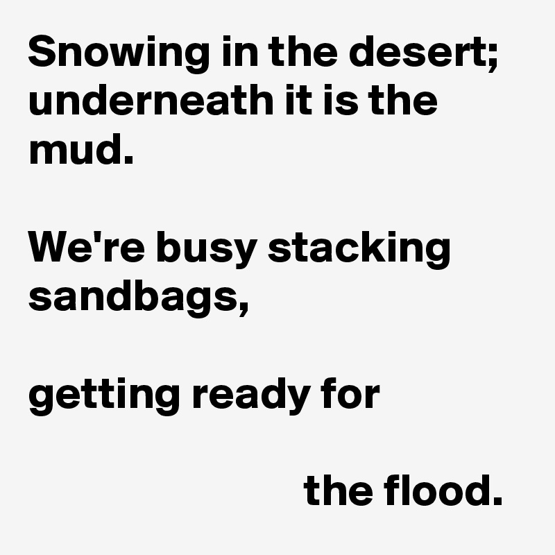 Snowing in the desert;
underneath it is the mud.

We're busy stacking sandbags,

getting ready for

                              the flood.