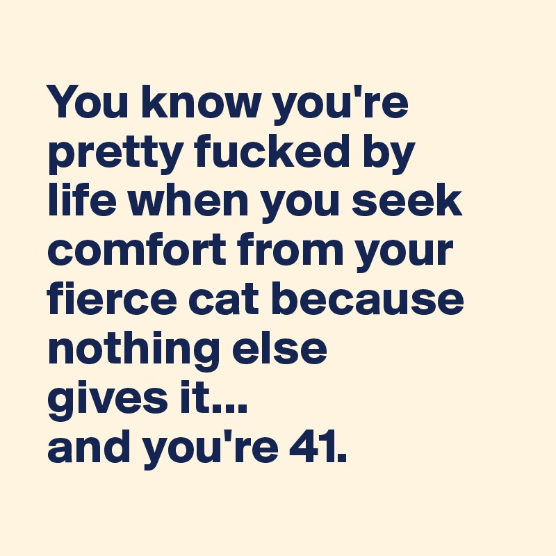 
  You know you're 
  pretty fucked by 
  life when you seek 
  comfort from your 
  fierce cat because 
  nothing else 
  gives it...
  and you're 41.
 