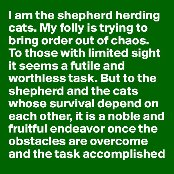 I am the shepherd herding cats. My folly is trying to bring order out of chaos.  To those with limited sight it seems a futile and worthless task. But to the shepherd and the cats whose survival depend on each other, it is a noble and fruitful endeavor once the obstacles are overcome and the task accomplished