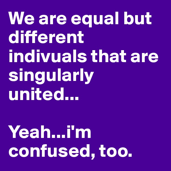 We are equal but different indivuals that are singularly united...

Yeah...i'm confused, too.