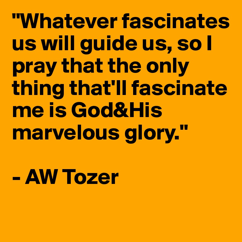"Whatever fascinates us will guide us, so I pray that the only thing that'll fascinate me is God&His marvelous glory." 

- AW Tozer

