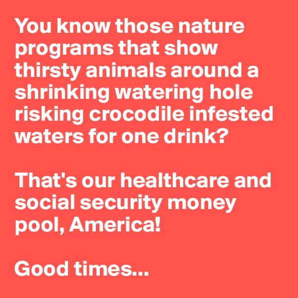 You know those nature programs that show thirsty animals around a shrinking watering hole risking crocodile infested waters for one drink? 

That's our healthcare and social security money pool, America! 

Good times...