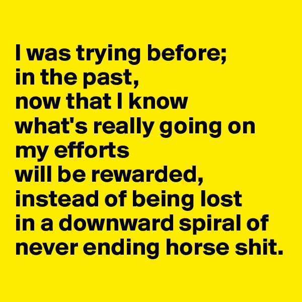 
I was trying before; 
in the past, 
now that I know 
what's really going on my efforts 
will be rewarded, instead of being lost 
in a downward spiral of never ending horse shit.
