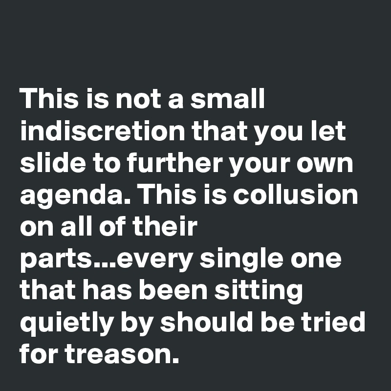 

This is not a small indiscretion that you let slide to further your own agenda. This is collusion on all of their parts...every single one that has been sitting quietly by should be tried for treason.