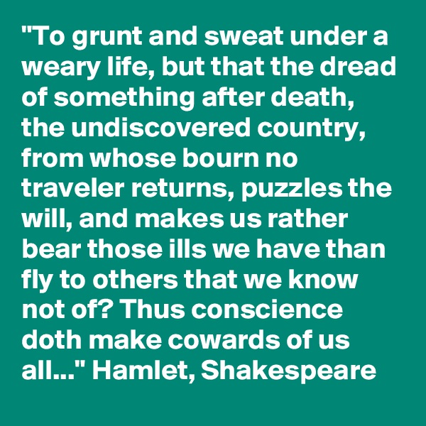 "To grunt and sweat under a weary life, but that the dread of something after death, the undiscovered country, from whose bourn no traveler returns, puzzles the will, and makes us rather bear those ills we have than fly to others that we know not of? Thus conscience doth make cowards of us all..." Hamlet, Shakespeare