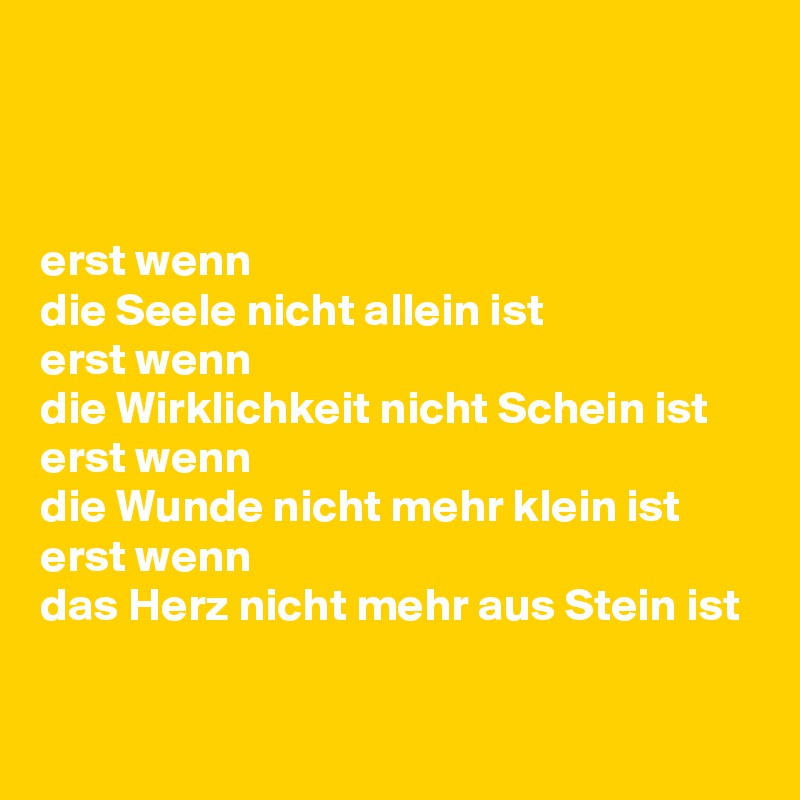 



erst wenn 
die Seele nicht allein ist
erst wenn 
die Wirklichkeit nicht Schein ist
erst wenn 
die Wunde nicht mehr klein ist
erst wenn 
das Herz nicht mehr aus Stein ist

