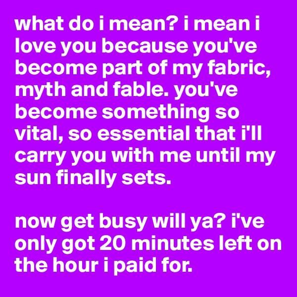 what do i mean? i mean i love you because you've become part of my fabric, myth and fable. you've become something so vital, so essential that i'll carry you with me until my sun finally sets.

now get busy will ya? i've only got 20 minutes left on the hour i paid for. 