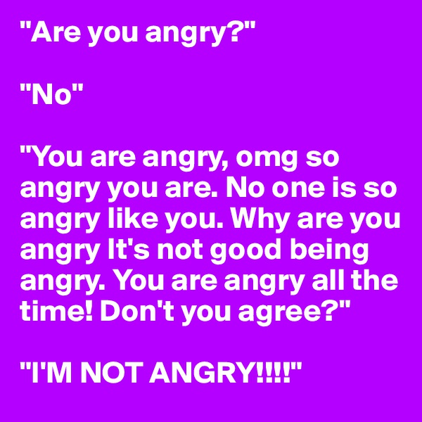 "Are you angry?" 

"No"

"You are angry, omg so angry you are. No one is so angry like you. Why are you angry It's not good being angry. You are angry all the time! Don't you agree?" 

"I'M NOT ANGRY!!!!" 