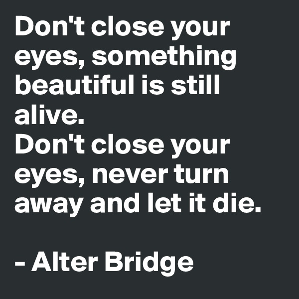 Don't close your eyes, something beautiful is still alive. 
Don't close your eyes, never turn away and let it die.

- Alter Bridge